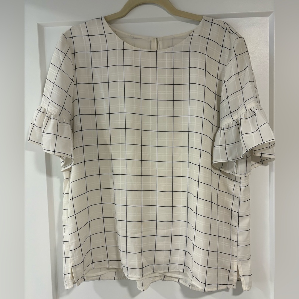 LOFT Cream and Blue Checkered Ruffle Blouse